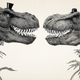 Two "plants" with T-rex heads, tiny top hats, and bird and frog bodies face off in this image from animated short Bad Seeds.